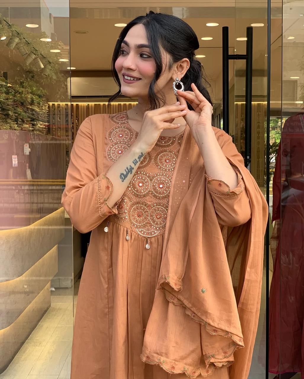 earthy tone angrakha style embroidered suit