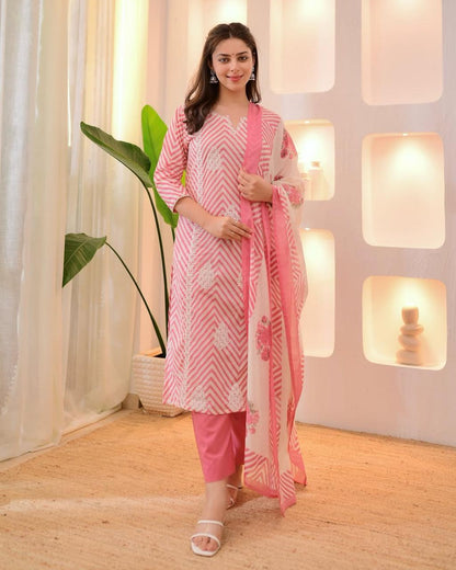 Pretty Pink Chevron Print & Embroidered Suit Set