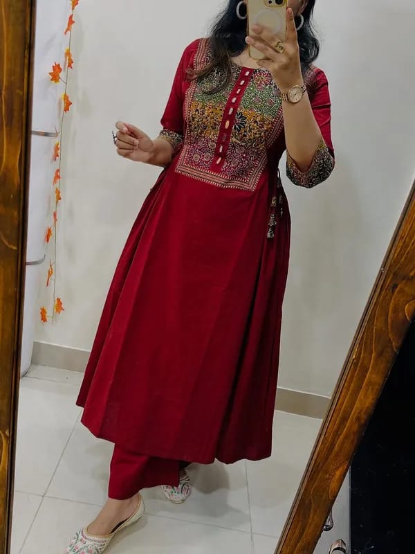 wine red embroidered anarkali kurta set