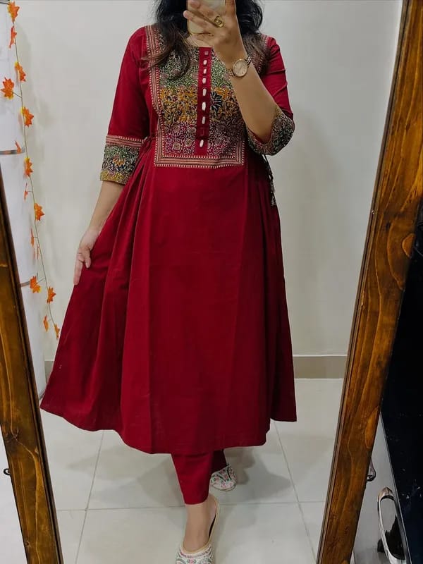 wine red embroidered anarkali kurta set