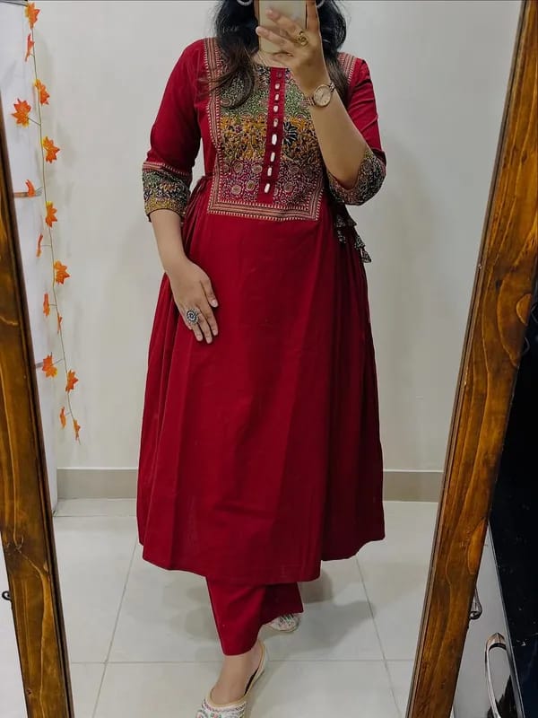 wine red embroidered anarkali kurta set