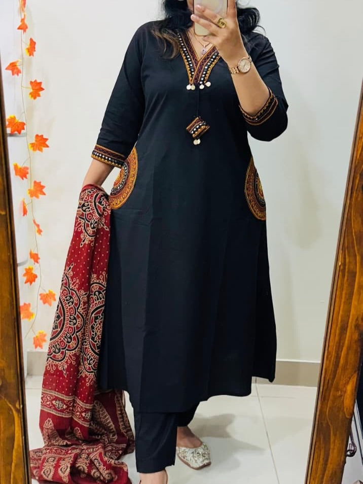 elegant black ethnic kurta set with printed dupatta