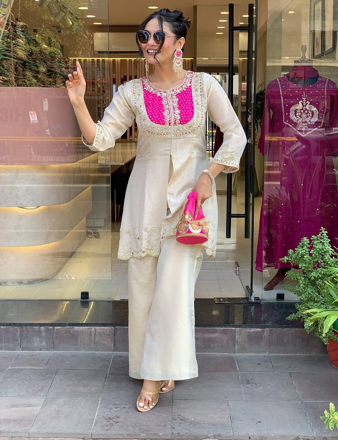 elegant ivory & pink embroidered kurta set with palazzo pants