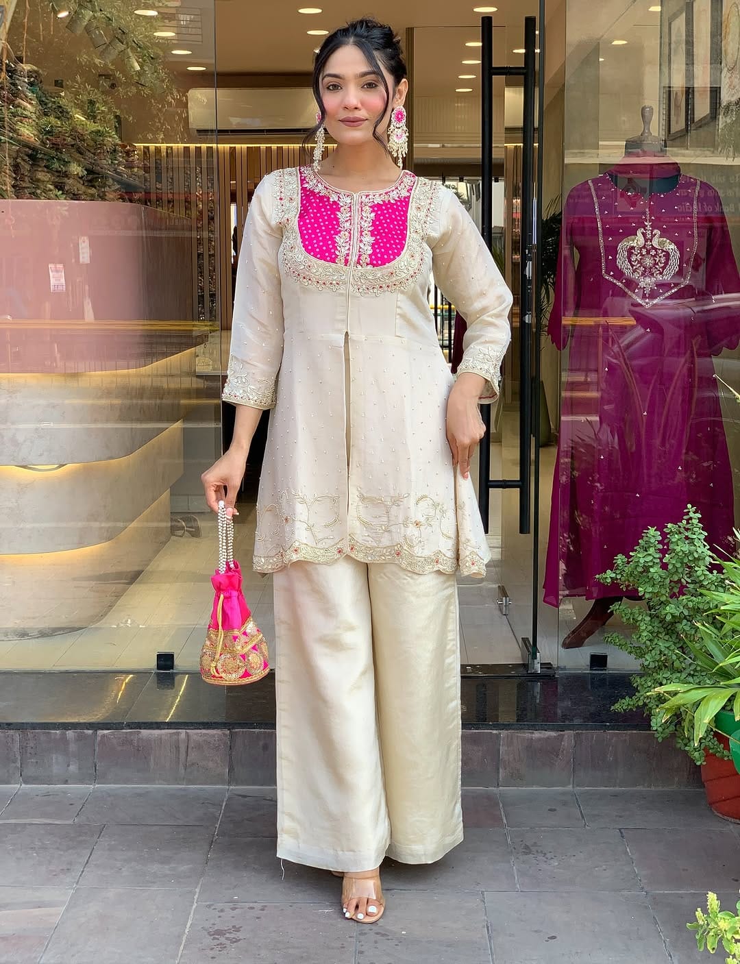 elegant ivory & pink embroidered kurta set with palazzo pants