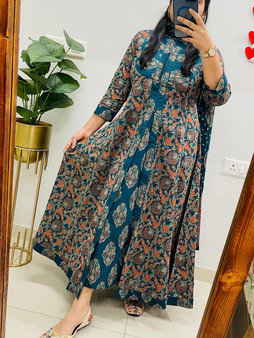 teal bloom printed front-open kurta set