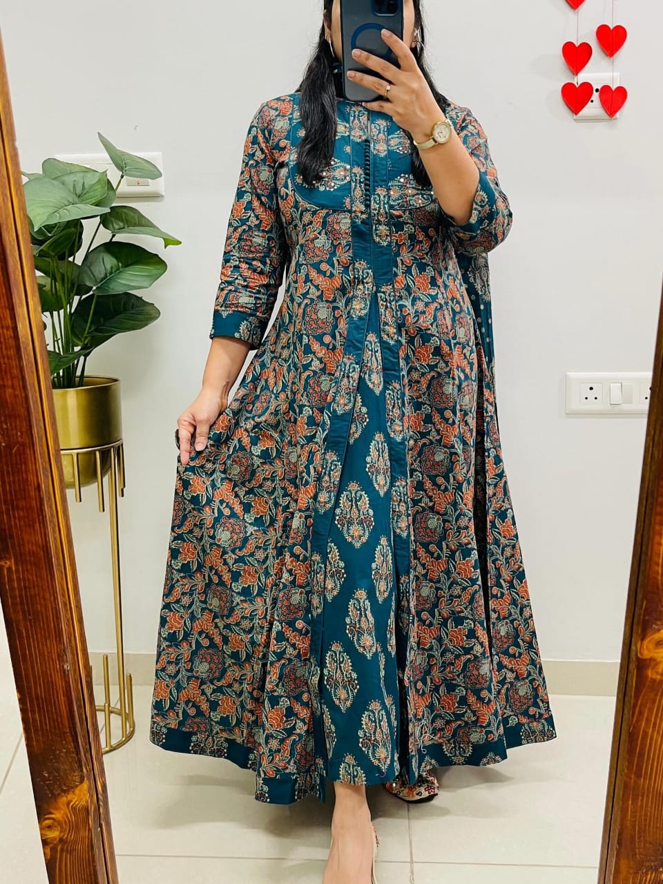 teal bloom printed front-open kurta set