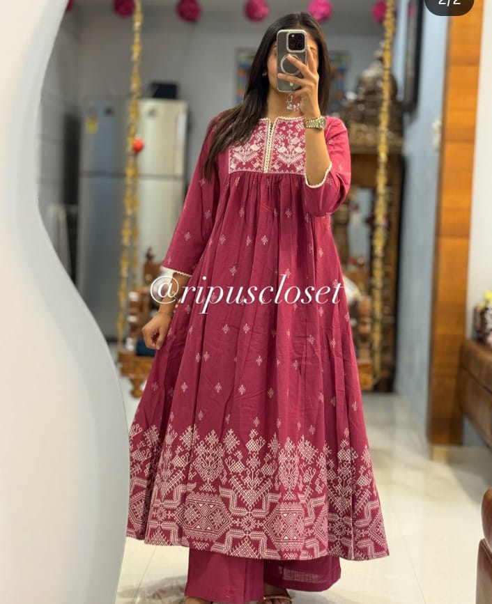 elegant rose pink printed anarkali kurta set for women