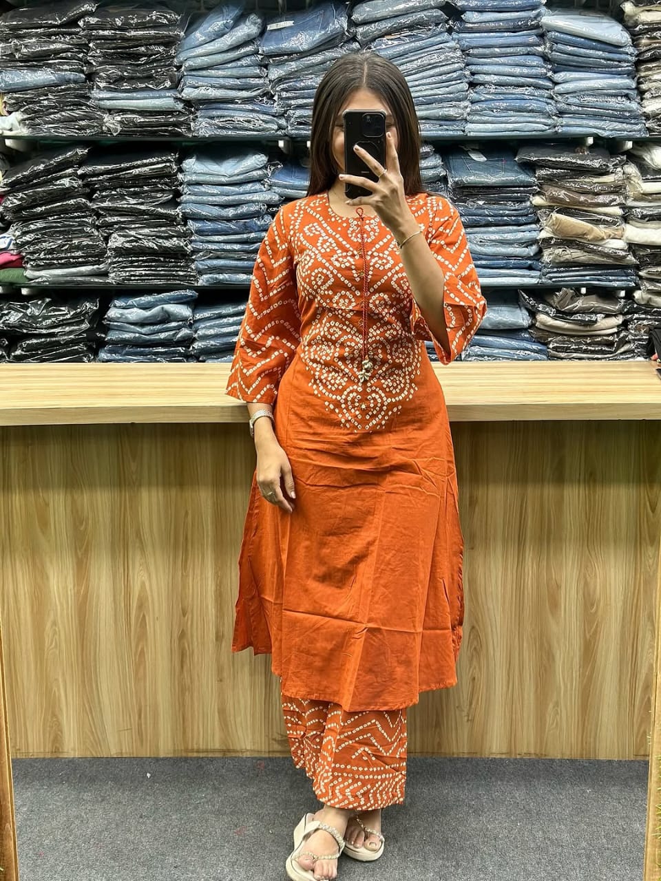 rust orange bandhani printed kurta set with dupatta