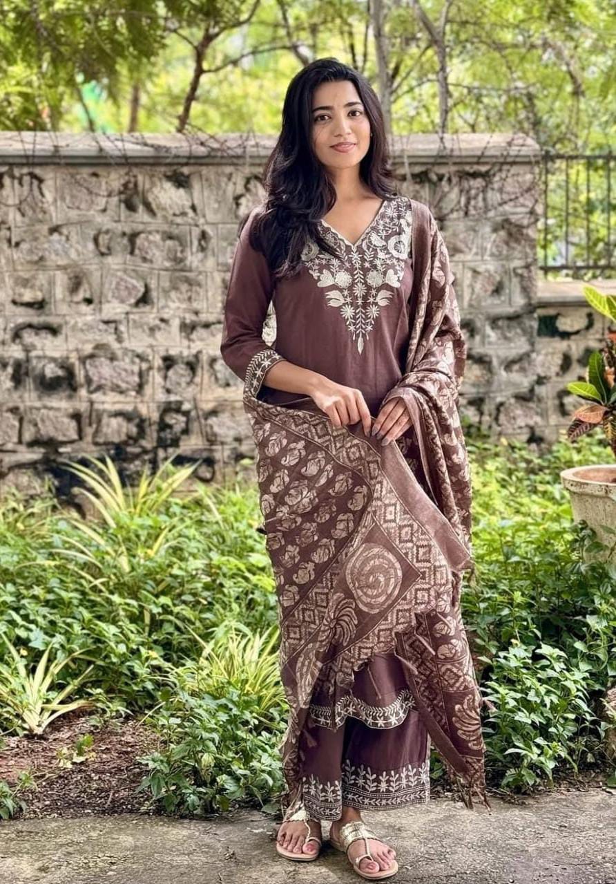 brown embroidered kurta pant set with printed dupatta
