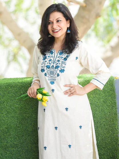 Off-White & Blue Embroidered Kurta Pant Set