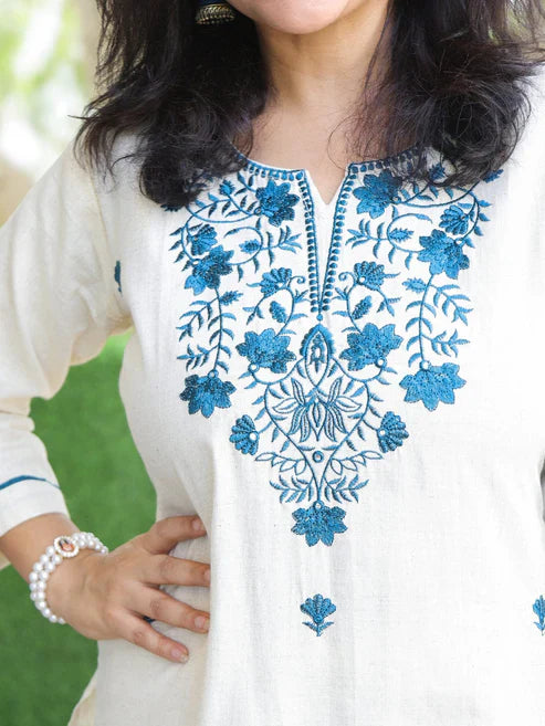 off-white & blue embroidered kurta pant set