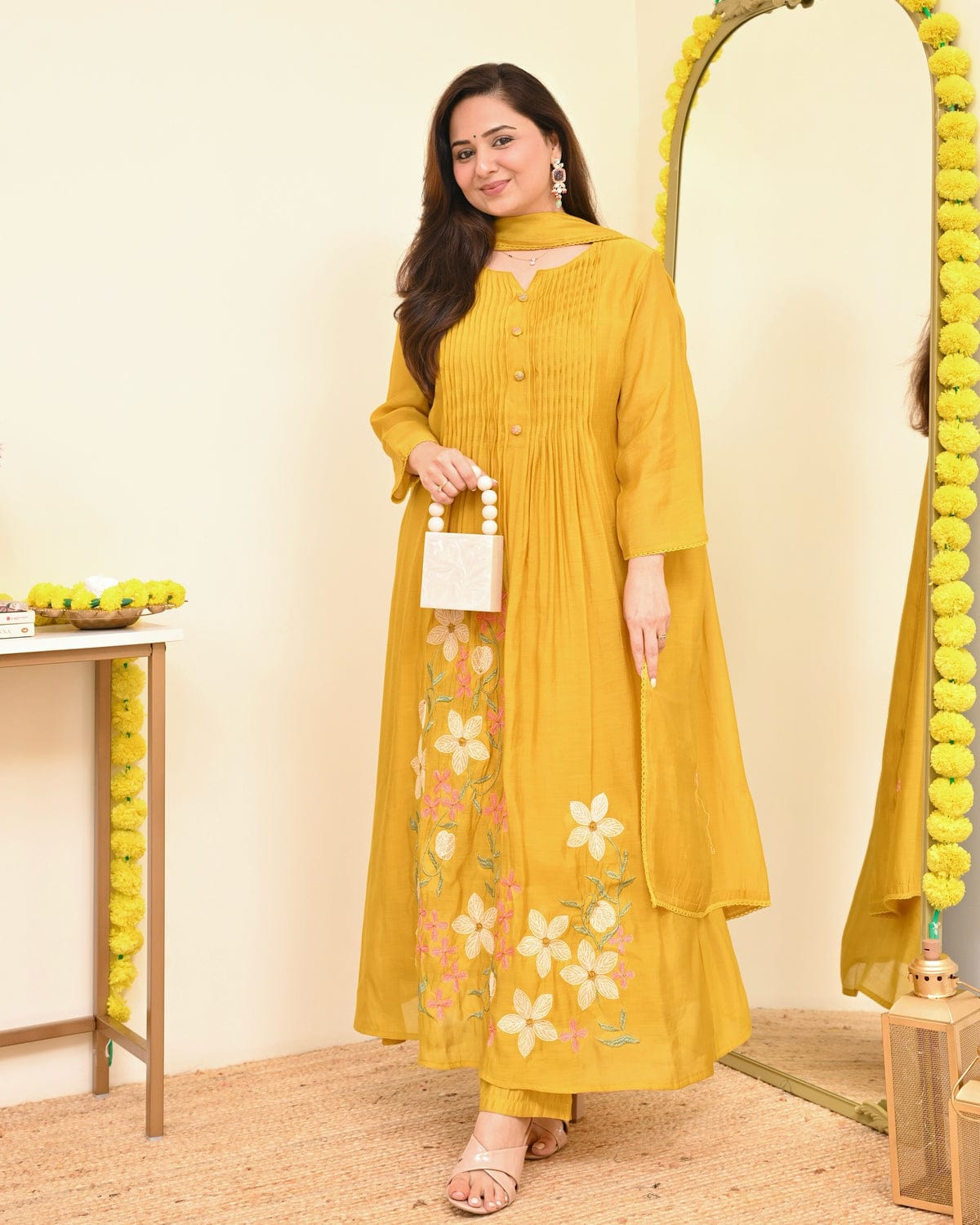 graceful mustard yellow embroidered anarkali kurta set