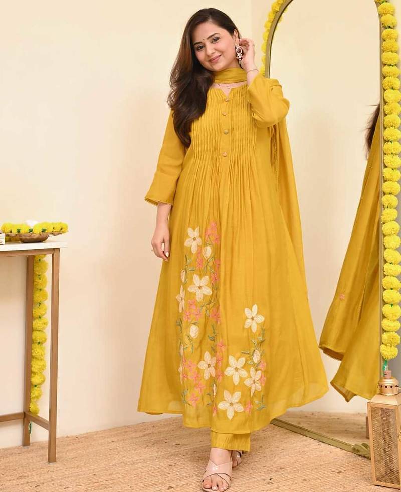 graceful mustard yellow embroidered anarkali kurta set