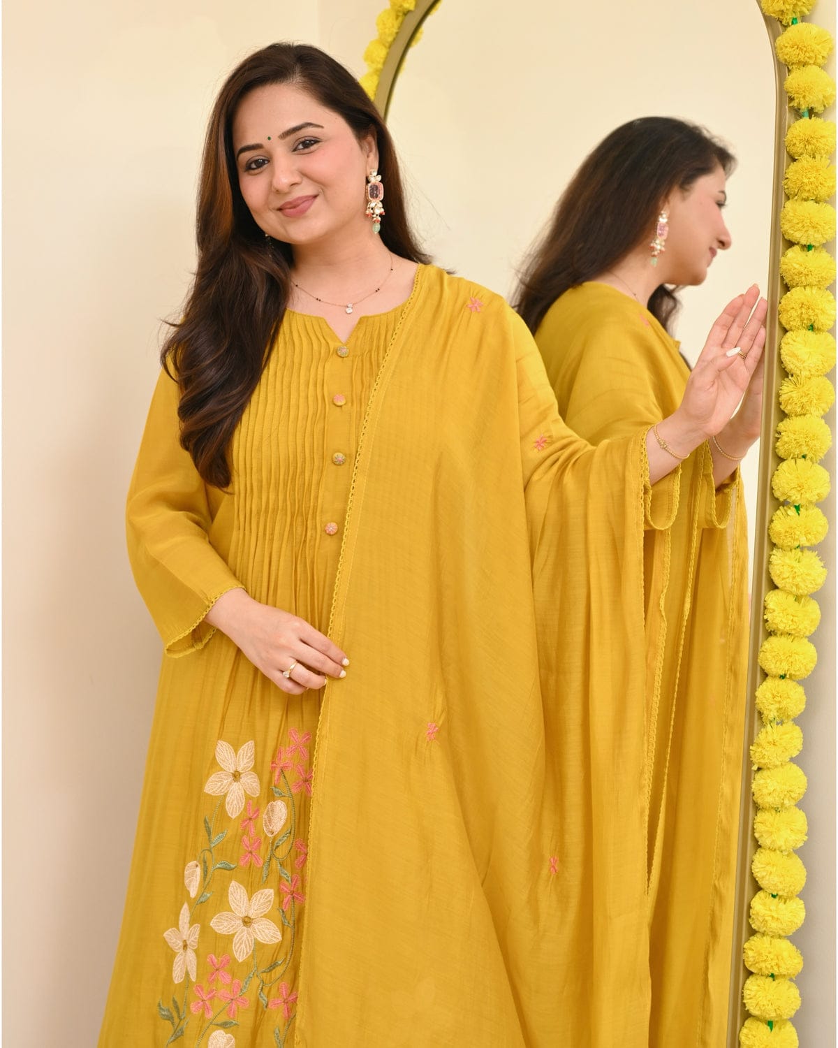 graceful mustard yellow embroidered anarkali kurta set