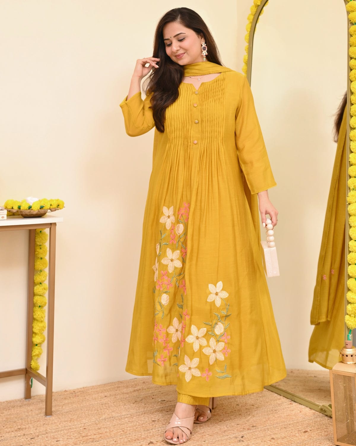 graceful mustard yellow embroidered anarkali kurta set