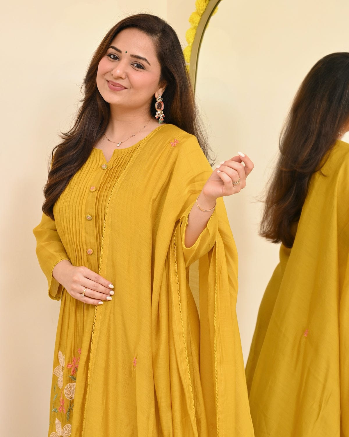 graceful mustard yellow embroidered anarkali kurta set