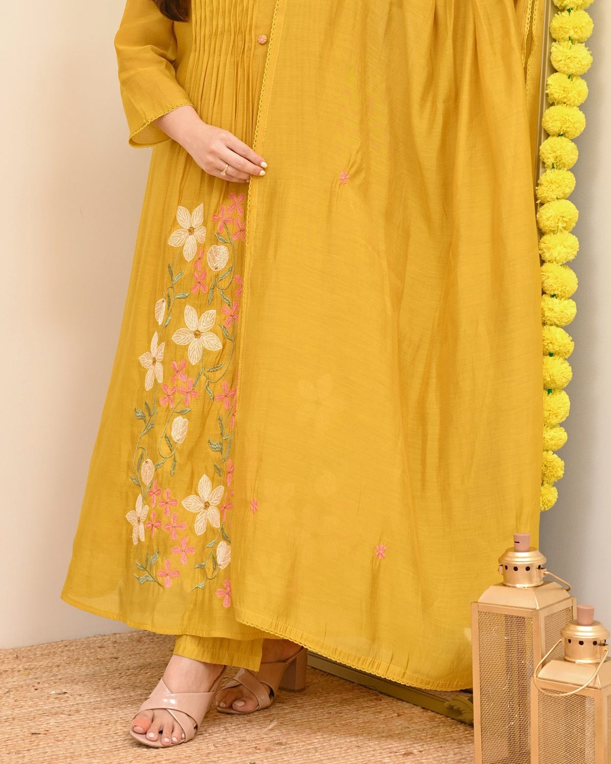 graceful mustard yellow embroidered anarkali kurta set
