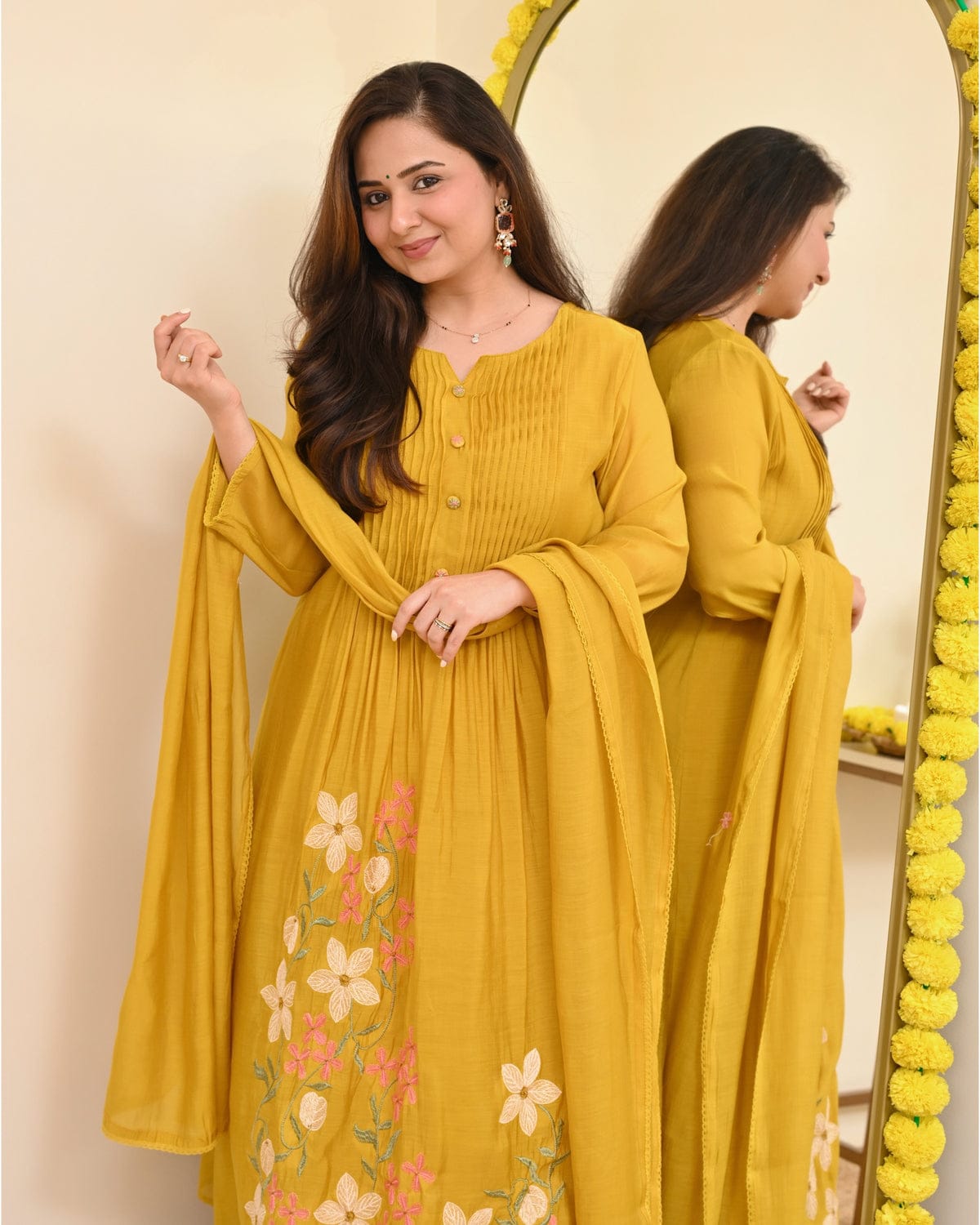 graceful mustard yellow embroidered anarkali kurta set