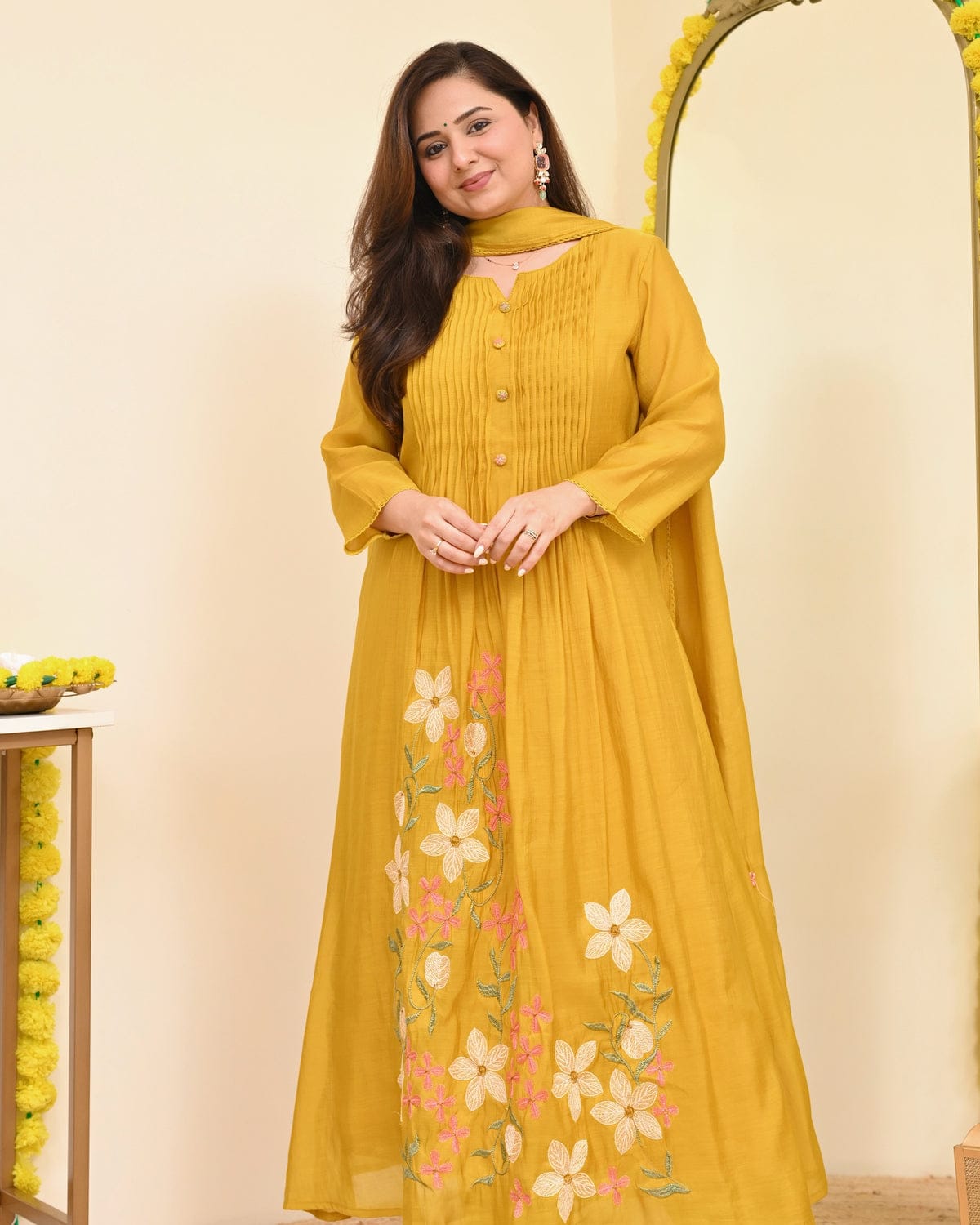 graceful mustard yellow embroidered anarkali kurta set
