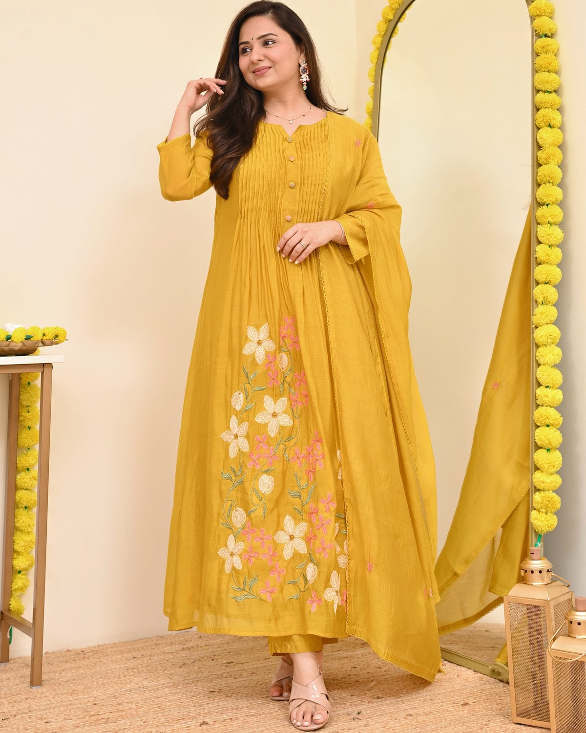 graceful mustard yellow embroidered anarkali kurta set