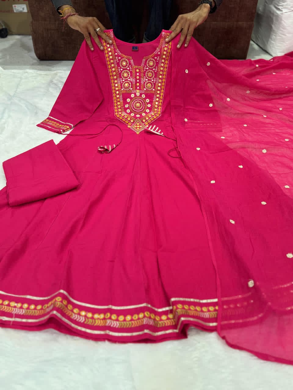elegant crimson embroidered anarkali suit set with dupatta