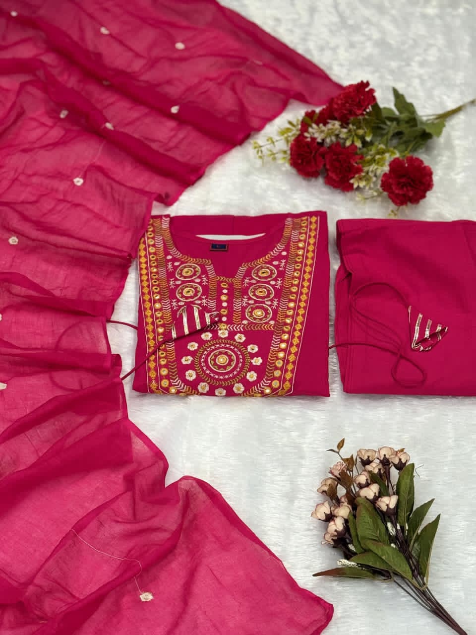 elegant crimson embroidered anarkali suit set with dupatta
