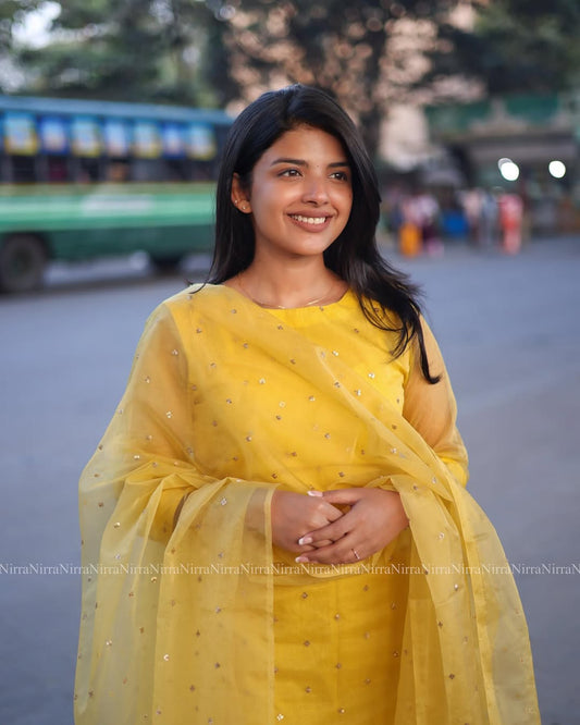 Sunshine Yellow Embroidered Organza Kurta Set with Dupatta
