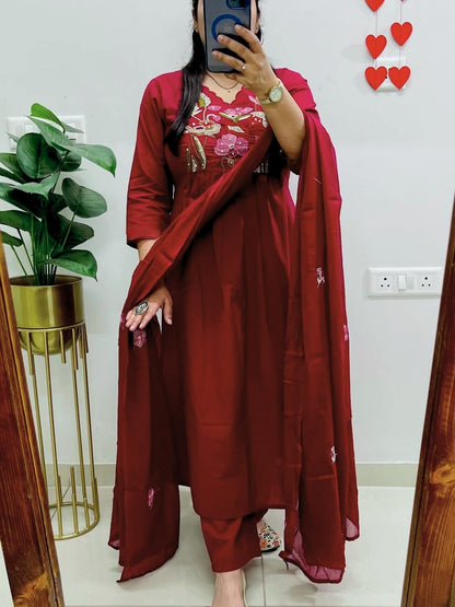 Elegant Maroon Floral Embroidered Kurta Set with Dupatta