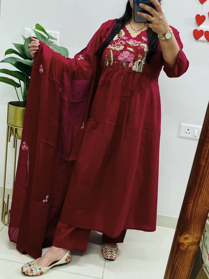 Elegant Maroon Floral Embroidered Kurta Set with Dupatta
