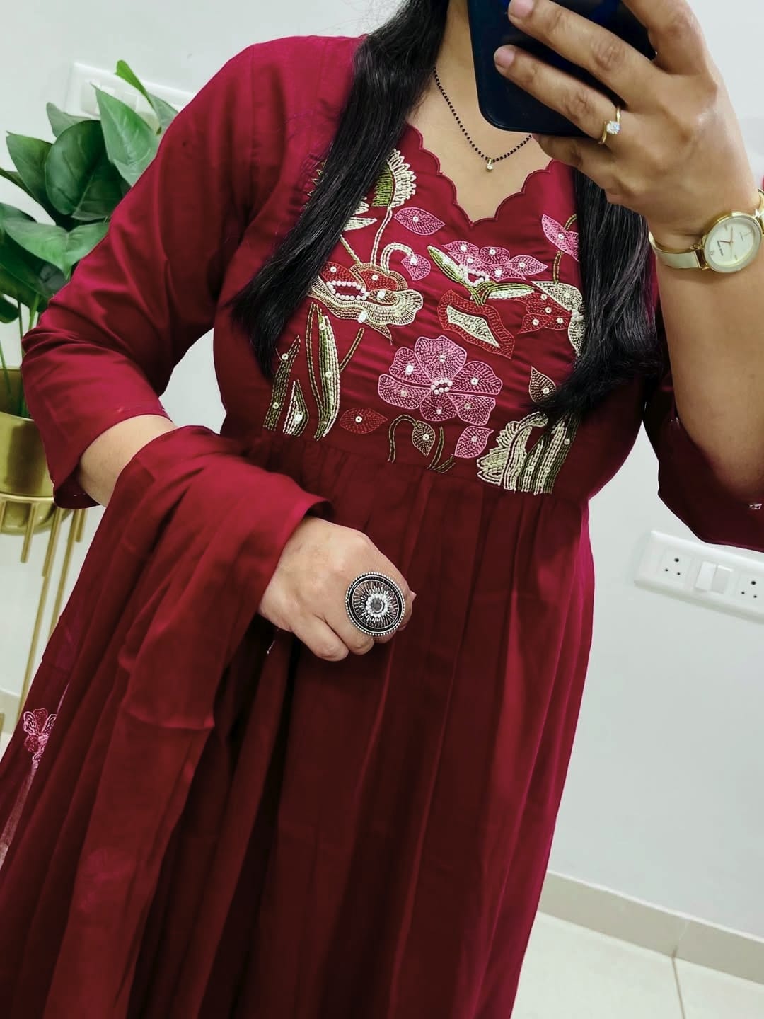 elegant maroon floral embroidered kurta set with dupatta