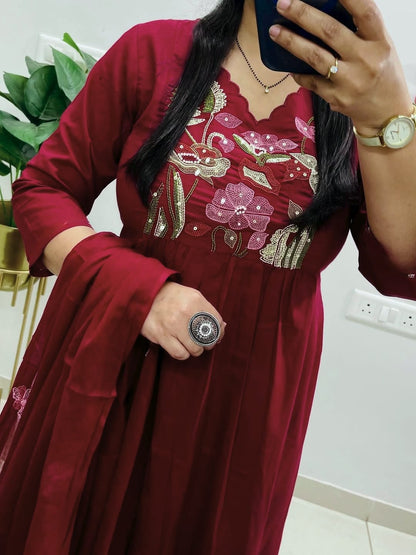 Elegant Maroon Floral Embroidered Kurta Set with Dupatta