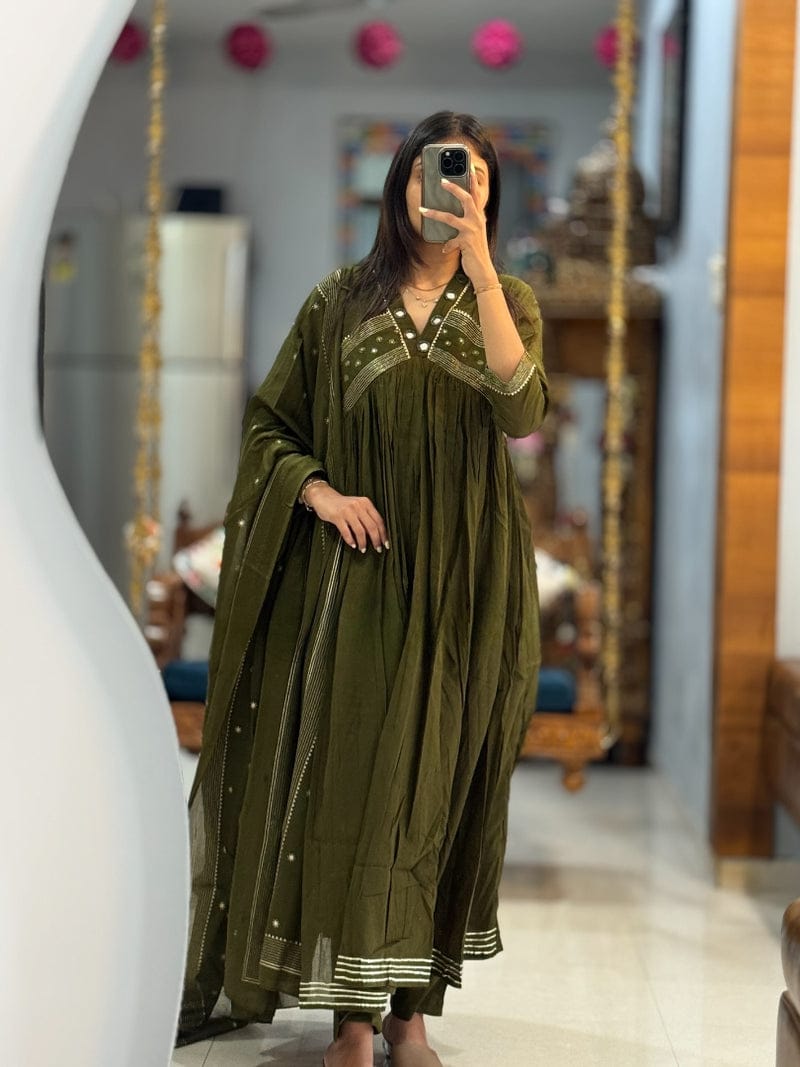 elegant olive green anarkali kurta set with dupatta