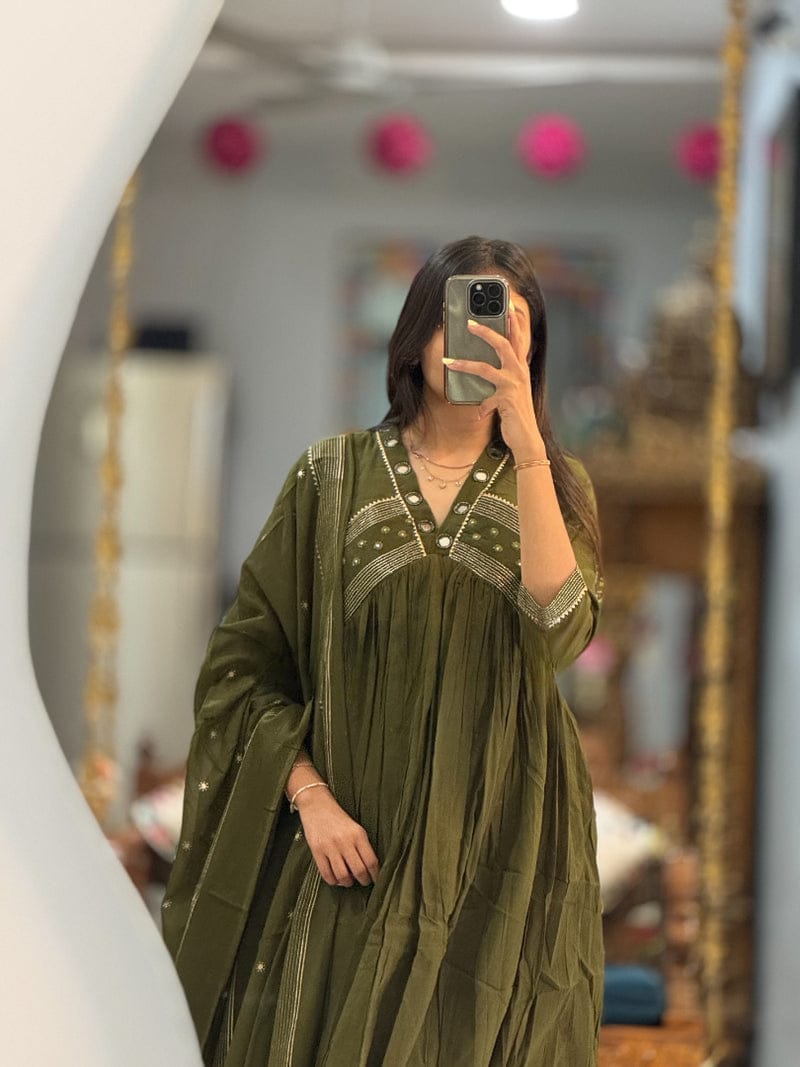 elegant olive green anarkali kurta set with dupatta