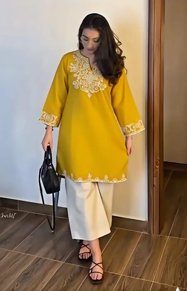 mustard yellow embroidered kurta with off-white palazzo set