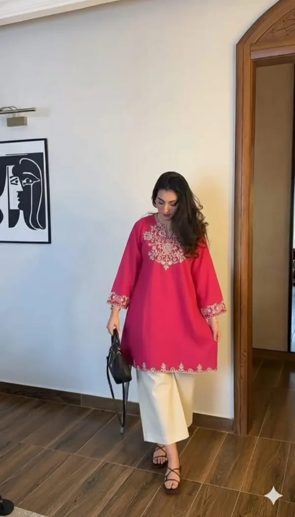 rani pink embroidered kurta with off-white palazzo set