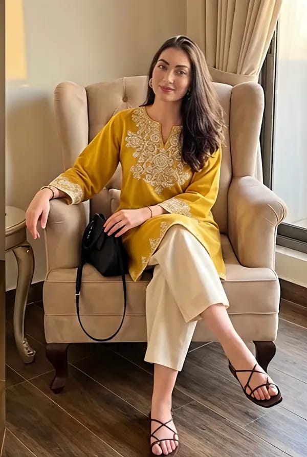 mustard yellow embroidered kurta with off-white palazzo set