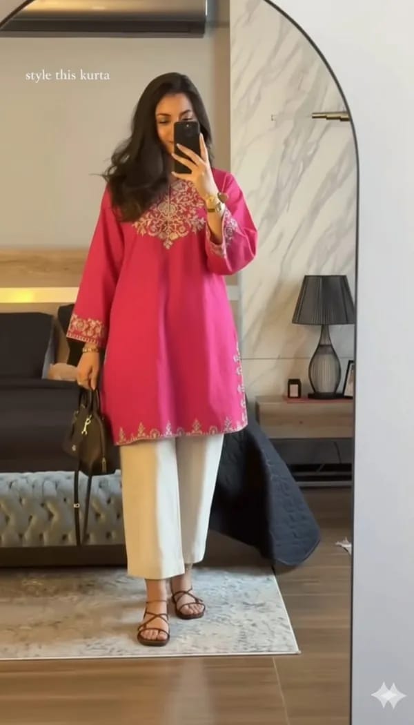 rani pink embroidered kurta with off-white palazzo set