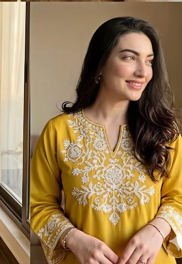 mustard yellow embroidered kurta with off-white palazzo set