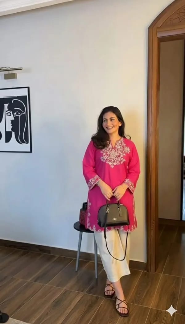 rani pink embroidered kurta with off-white palazzo set