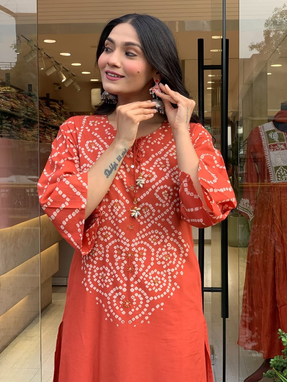 rust bandhani print kurta set with dupatta