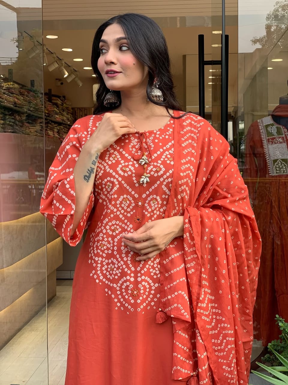 rust bandhani print kurta set with dupatta