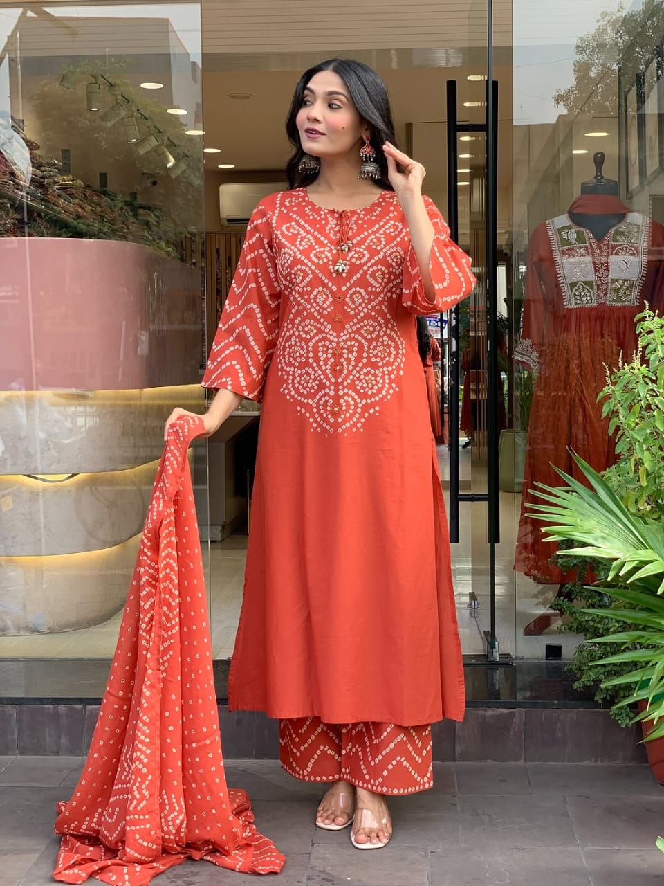rust bandhani print kurta set with dupatta