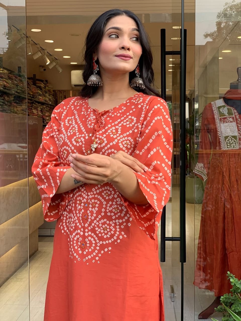 rust bandhani print kurta set with dupatta