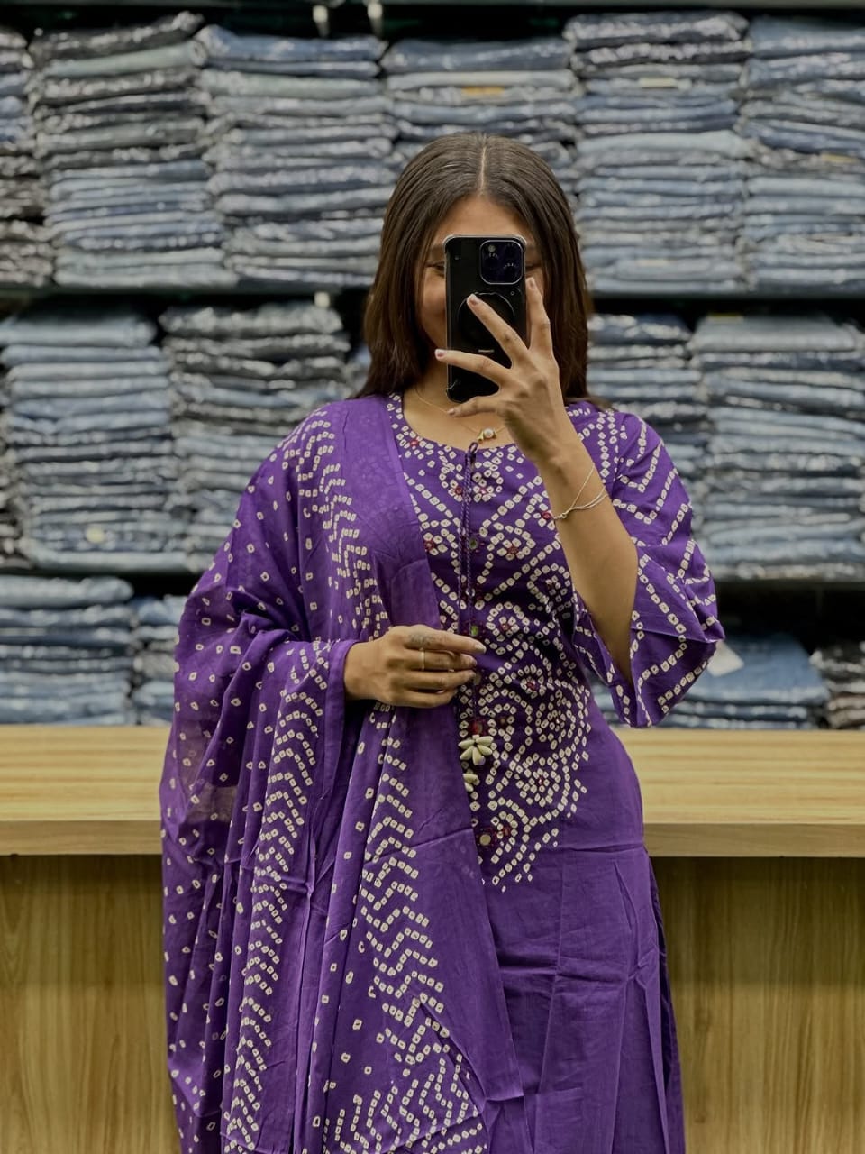 royal purple bandhani print kurta set with dupatta
