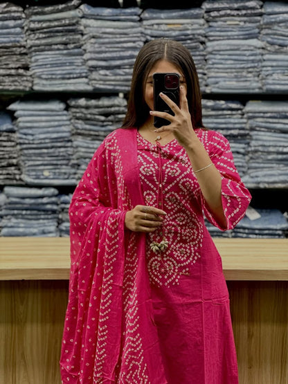 Rani Pink Bandhani Print Kurta Set with Dupatta