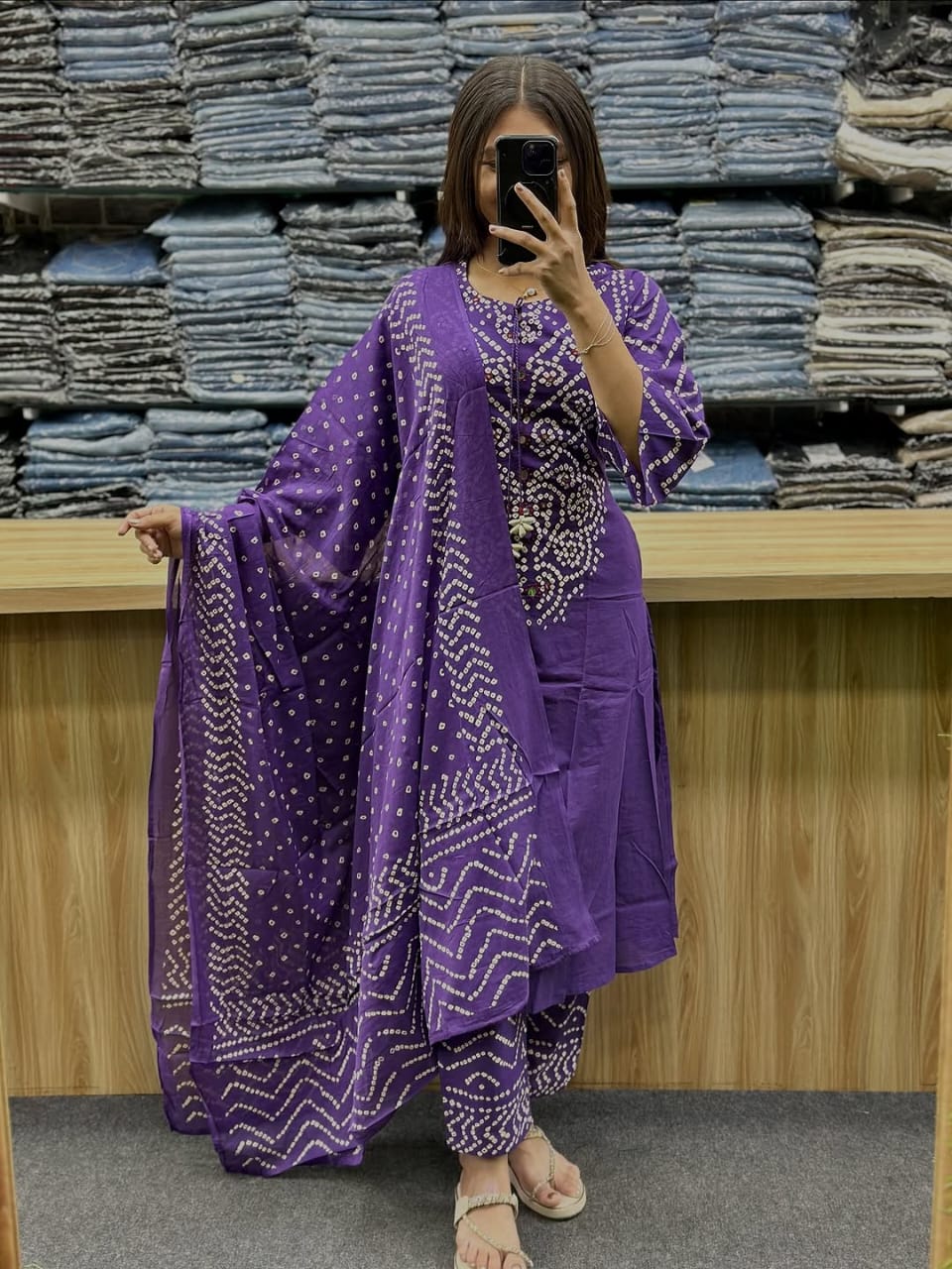 royal purple bandhani print kurta set with dupatta