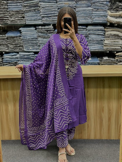 Royal Purple Bandhani Print Kurta Set with Dupatta