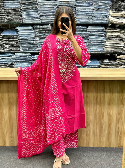 Rani Pink Bandhani Print Kurta Set with Dupatta