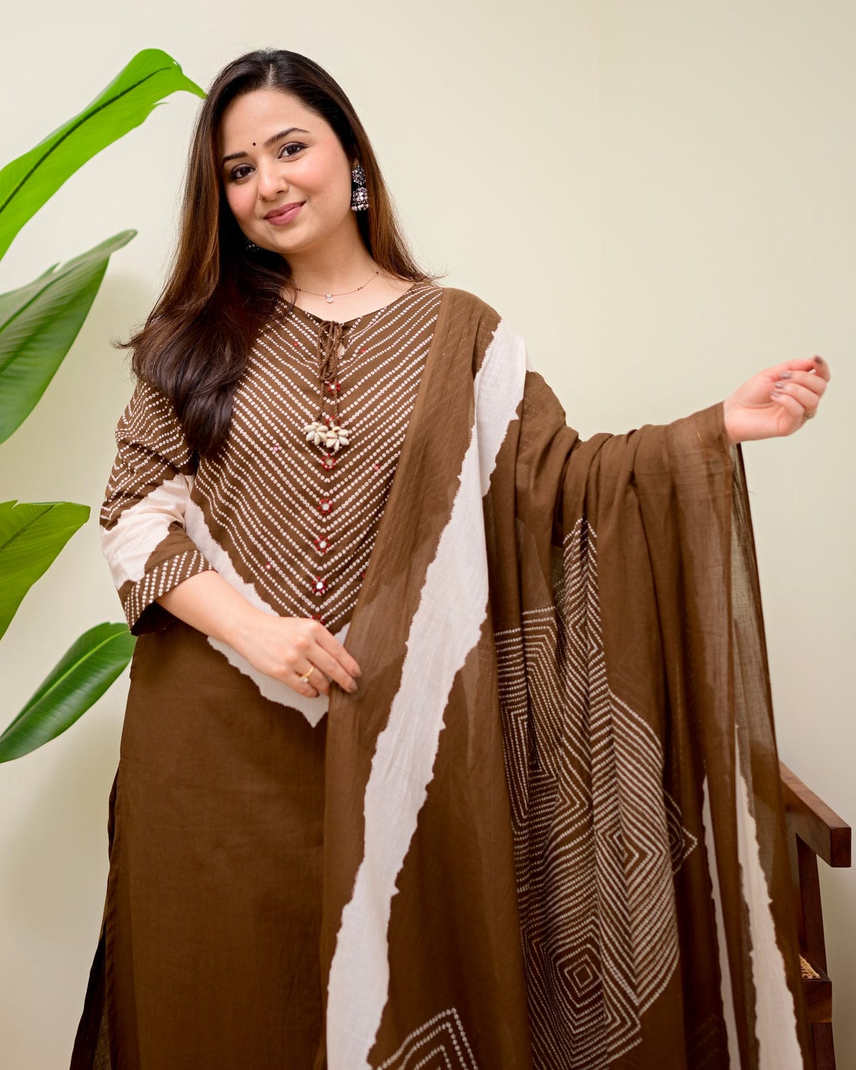 elegant brown printed kurta set with dupatta