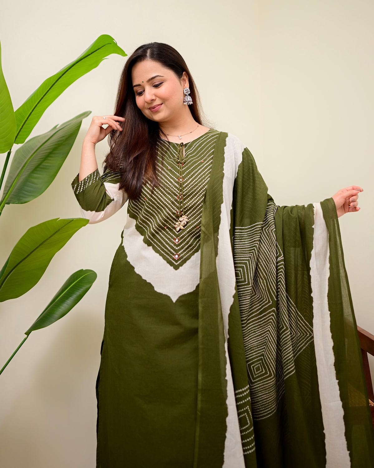 elegant olive green printed kurta set with dupatta